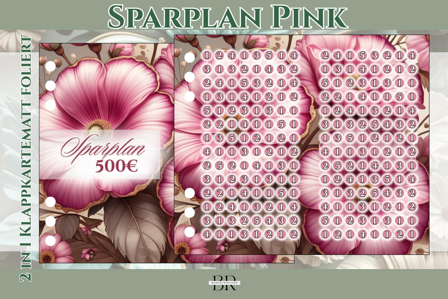 500€ Sparplan Pink 2 in 1 Klappkarte zum Einheften - matt foliert
