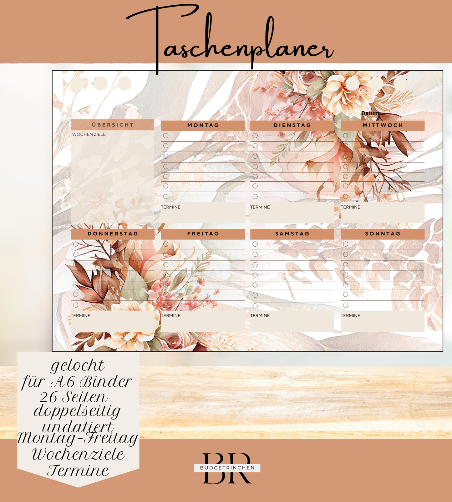 Taschenplaner Kalendereinlagen undatiert - gelocht für A6