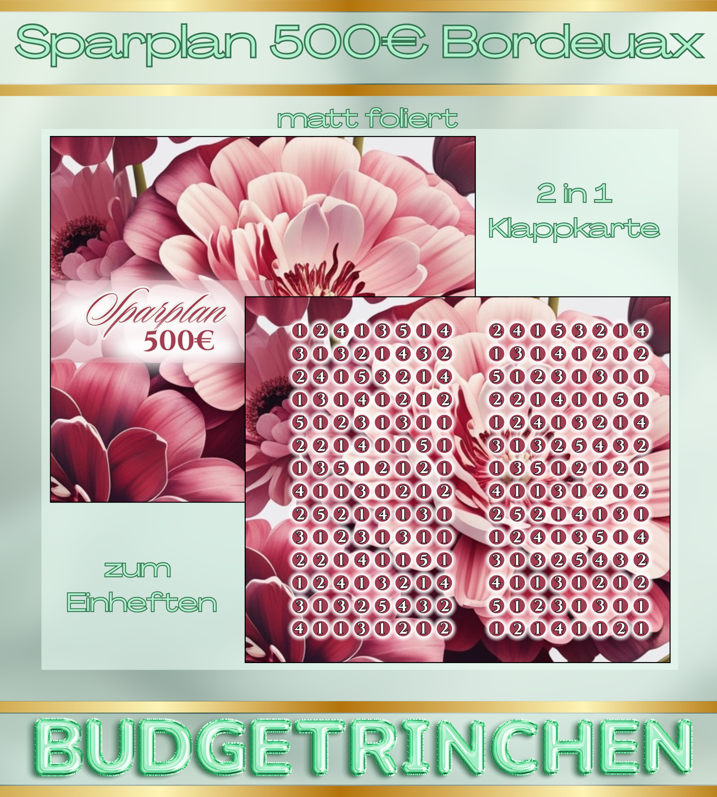 500€ Sparplan Bordeuax 2 in 1 Klappkarte zum Einheften - matt foliert
