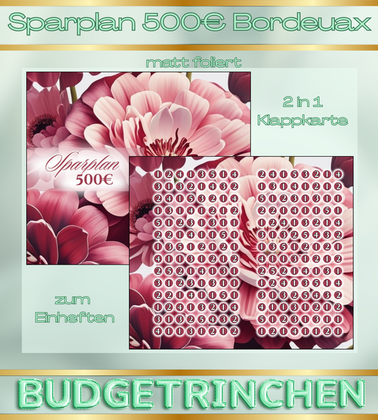 500€ Sparplan Bordeuax 2 in 1 Klappkarte zum Einheften - matt foliert