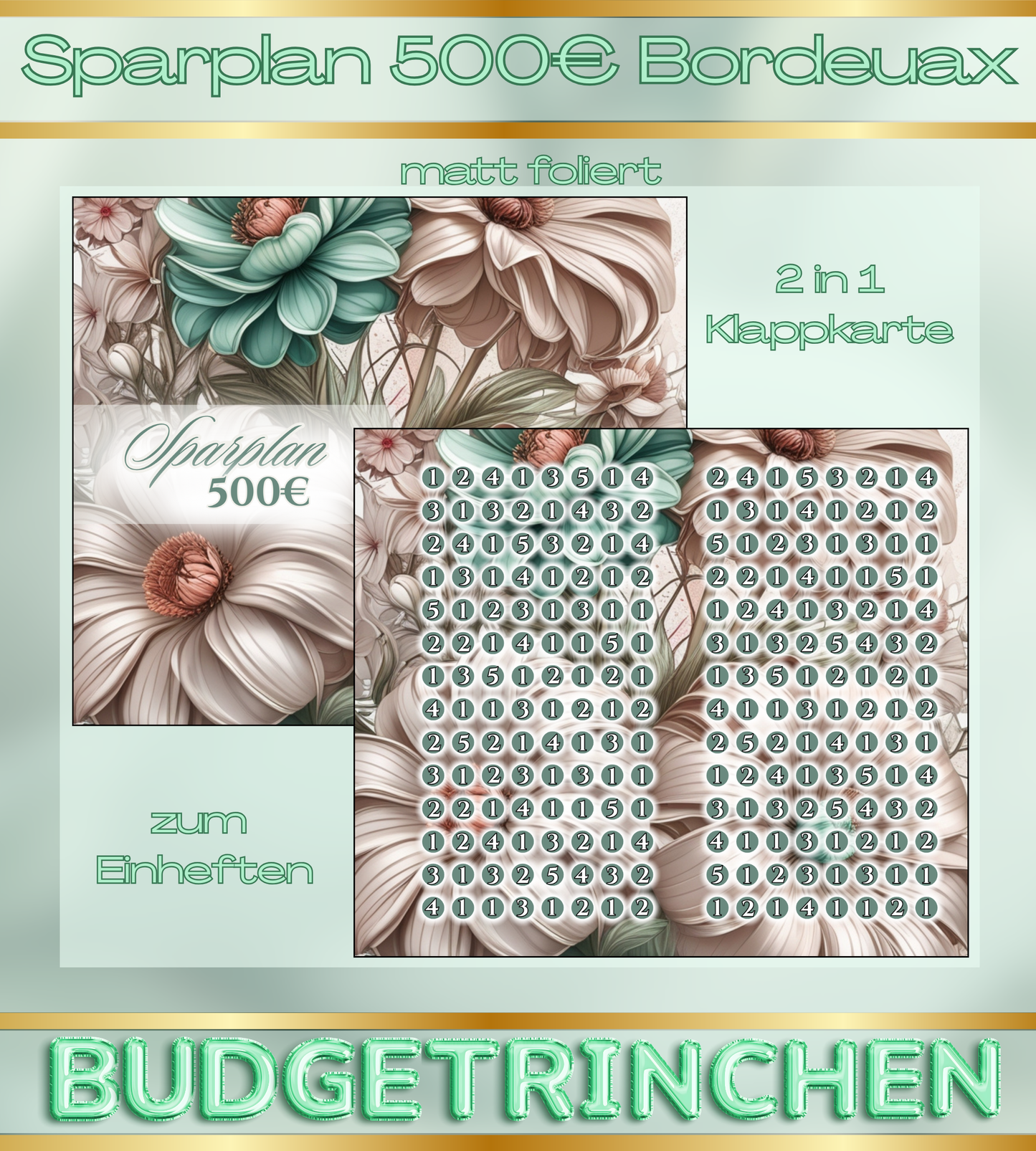 500€ Sparplan Beige Mint 2 in 1 Klappkarte zum Einheften - matt foliert