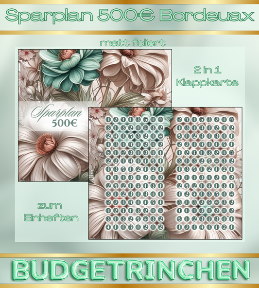 500€ Sparplan Beige Mint 2 in 1 Klappkarte zum Einheften - matt foliert
