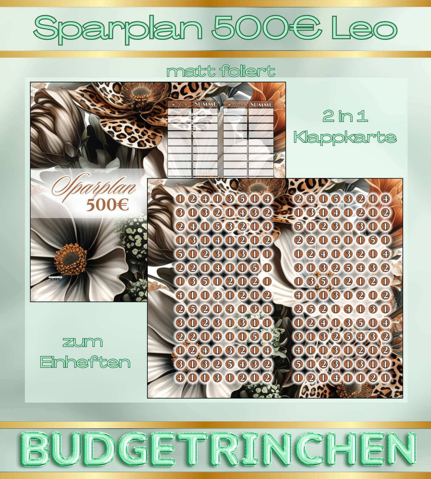 500€ Sparplan Leo 2 in 1 Klappkarte zum Einheften - matt foliert