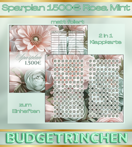 1500€ Sparplan Rosa Mint 2 in 1 Klappkarte zum Einheften - matt foliert