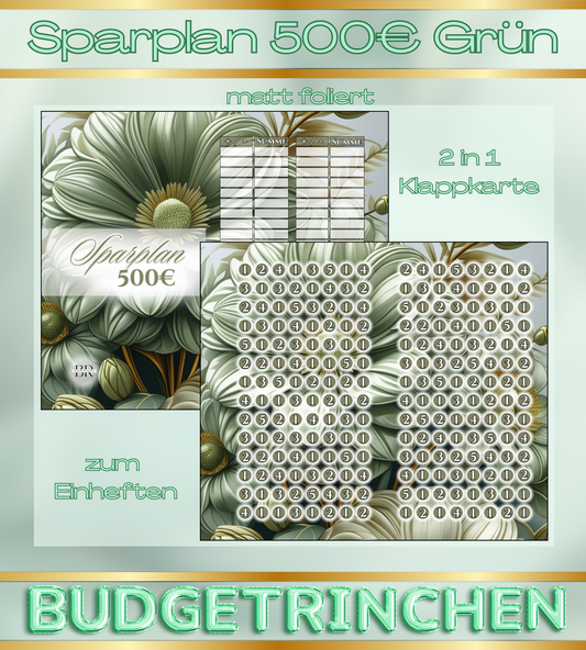 500€ Sparplan Grün 2 in 1 Klappkarte zum Einheften - matt foliert