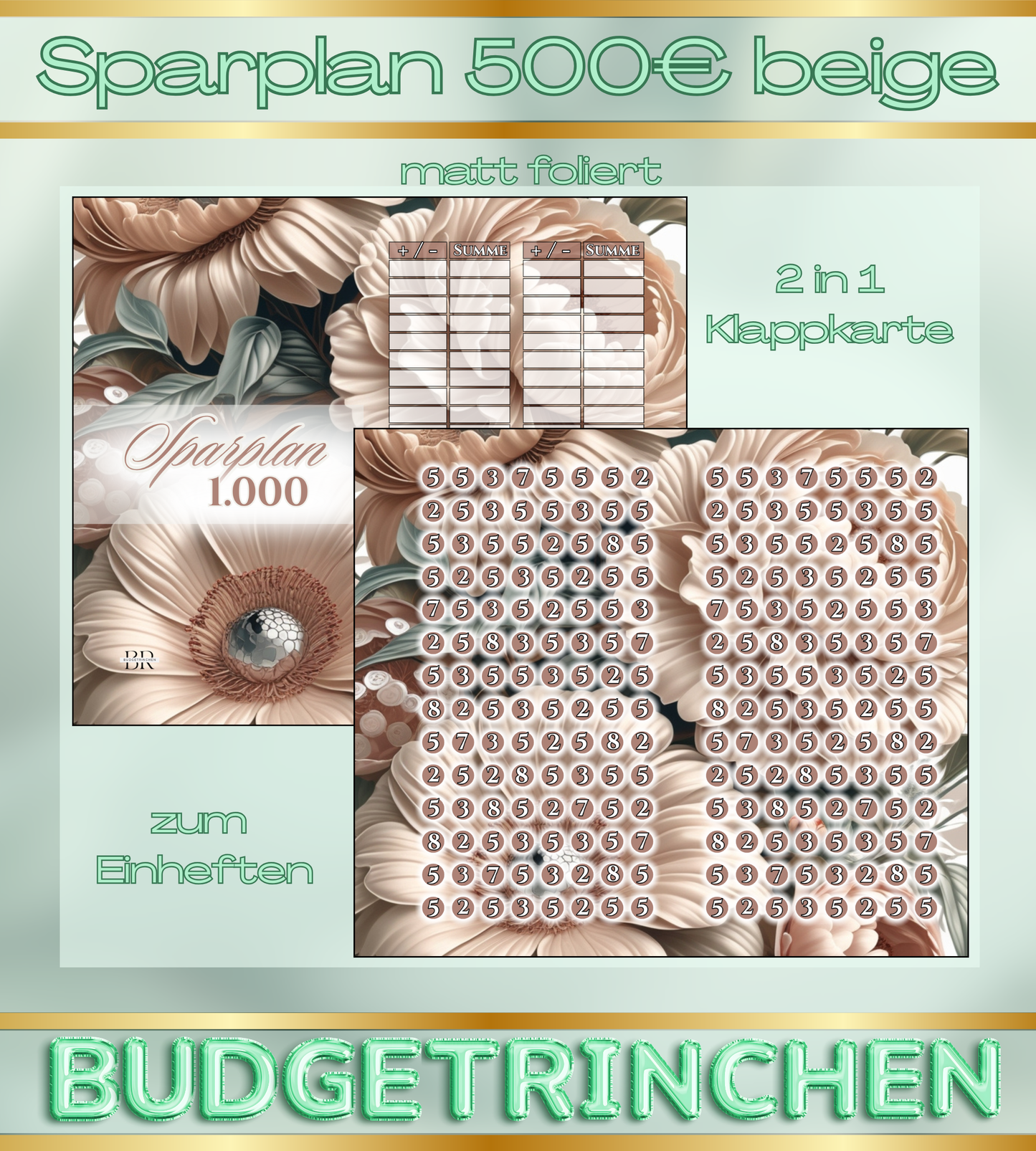 1000€ Sparplan Beige 2 in 1 Klappkarte zum Einheften - matt foliert